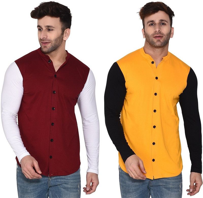 Men Regular Fit Color Block Mandarin Collar Casual Shirt  (Pack of 2)
