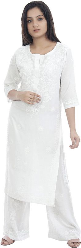 Women Printed, Chikan Embroidery, Embroidered Viscose Rayon Straight Kurta  (White)