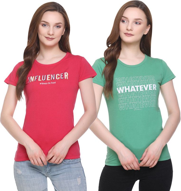 Pack of 2 Printed Trendy T shirts for Women / Girls Combo (Pack of 2) (Size M) Women Printed Round Neck Cotton Blend Green, Pink T-Shirt