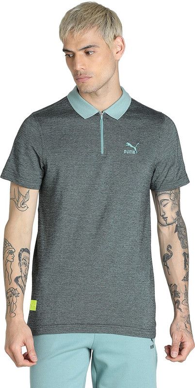 VK Jaquard Polo Men Printed Polo Neck Cotton Blend Blue T-Shirt