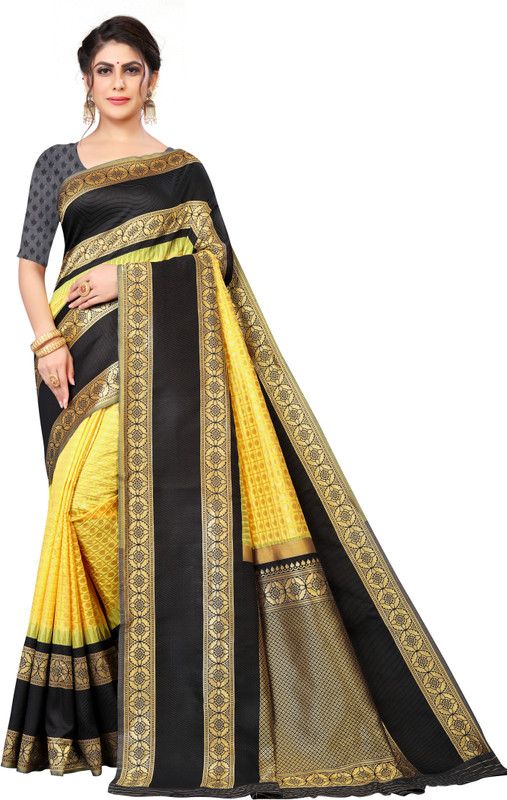 Woven Kanjivaram Jacquard, Pure Silk Saree  (Black, Yellow)