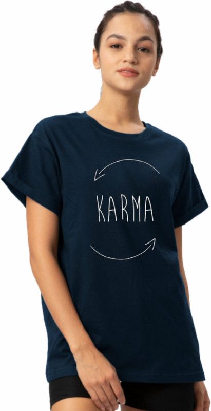 KARMA TW Women Printed Round Neck Pure Cotton Dark Blue T-Shirt