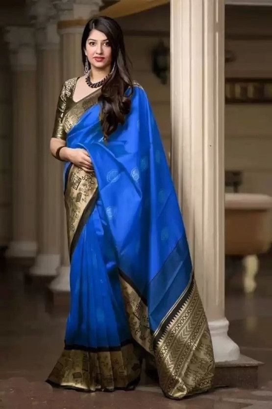 Self Design, Woven, Embellished Banarasi Jacquard, Art Silk Saree  (Blue, Black)