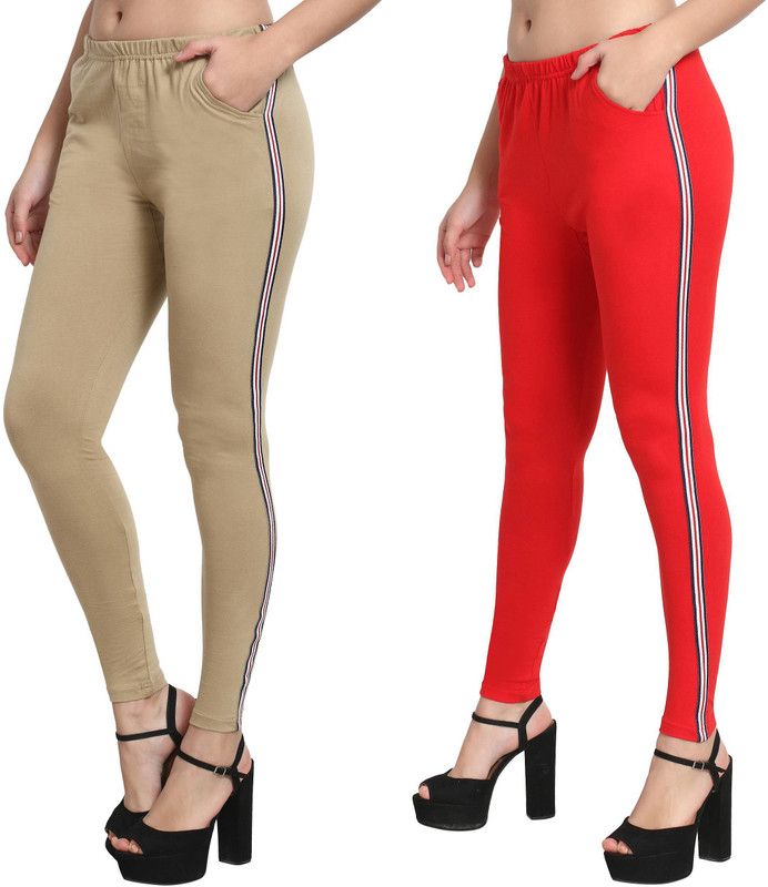Ankle Length Western Wear Legging  (Beige, Red, Striped)