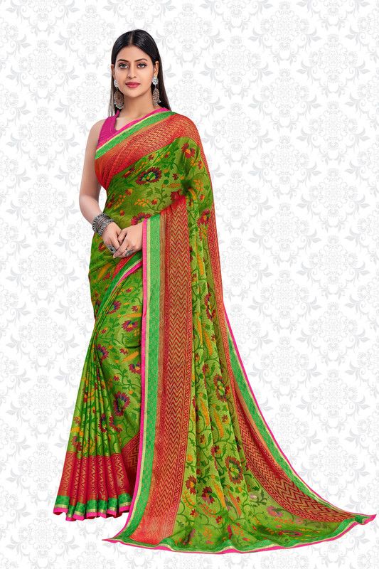 Floral Print Bollywood Georgette, Satin Saree  (Green)