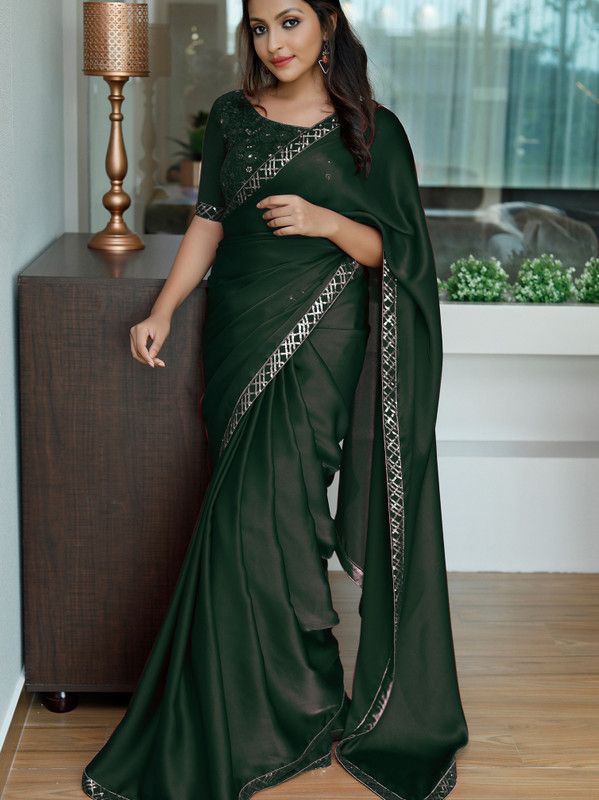 Embroidered, Embellished Bollywood Satin Saree  (Dark Green)