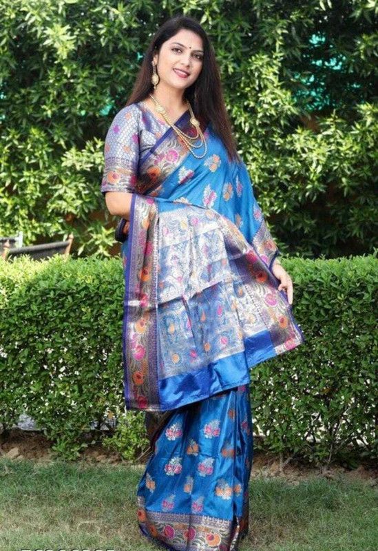 Printed, Self Design, Embellished, Woven, Floral Print, Blocked Printed Bollywood Jacquard, Silk Blend Saree  (Blue, Multicolor)