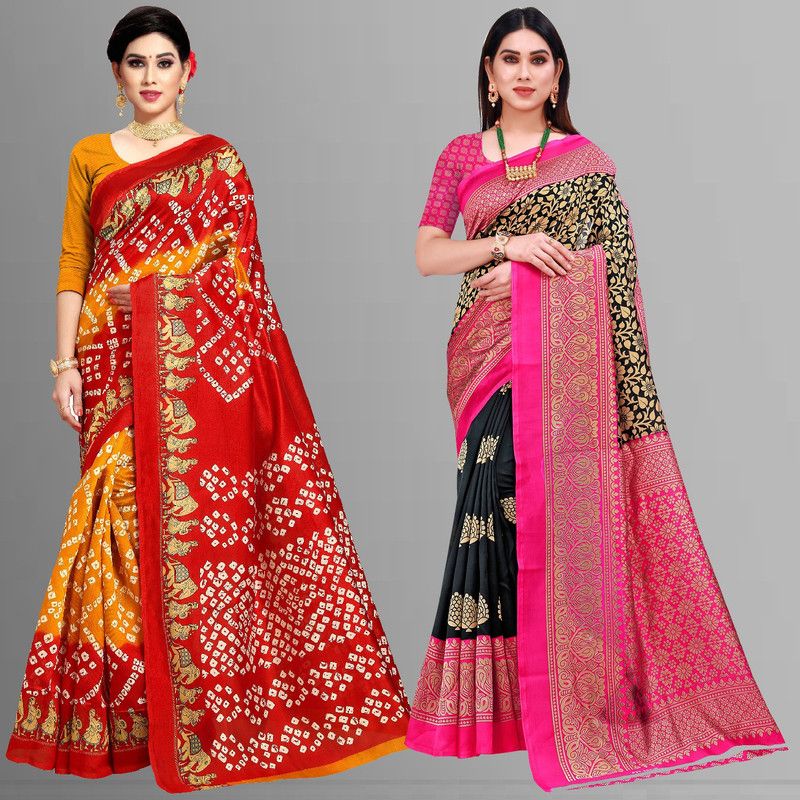 Printed Bandhani Art Silk, Cotton Silk Saree  (Pack of 2, Red, Pink, Black, Yellow)