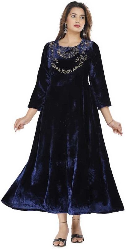 Women Embellished Velvet Flared Kurta  (Blue)