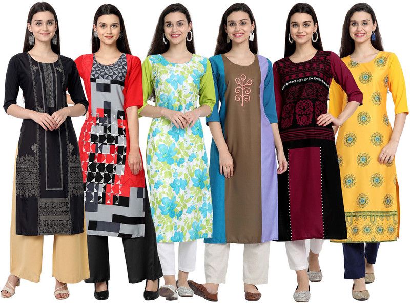 Pack of 6 Women Printed Crepe Straight Kurta  (Multicolor)