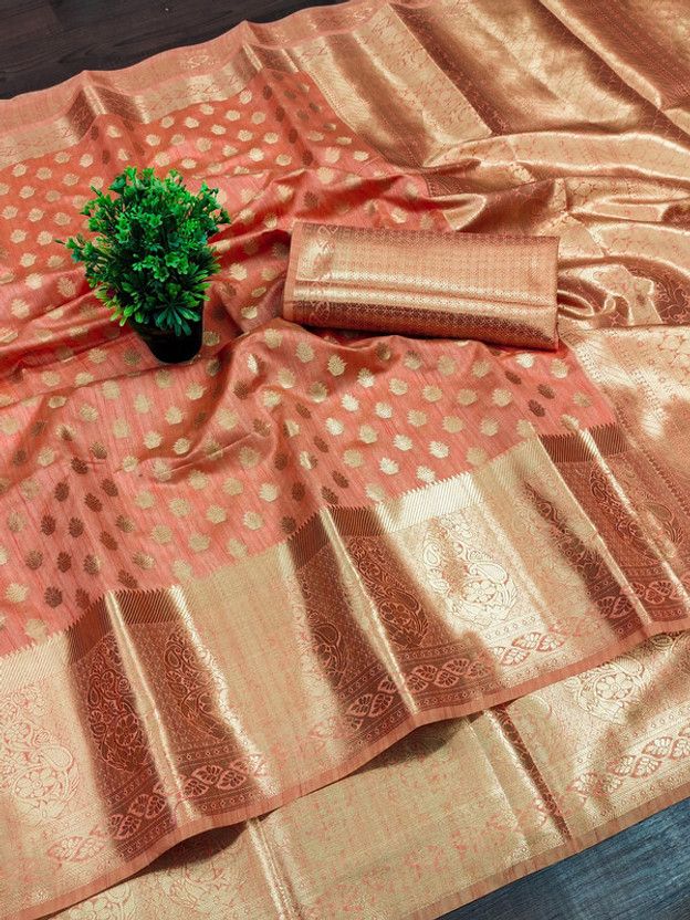 Printed Banarasi Jacquard, Silk Blend Saree  (Orange)