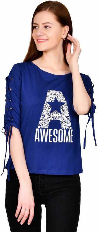 women cotton round neck regular fit top for girls / women's Top Women Printed Round Neck Pure Cotton Blue T-Shirt