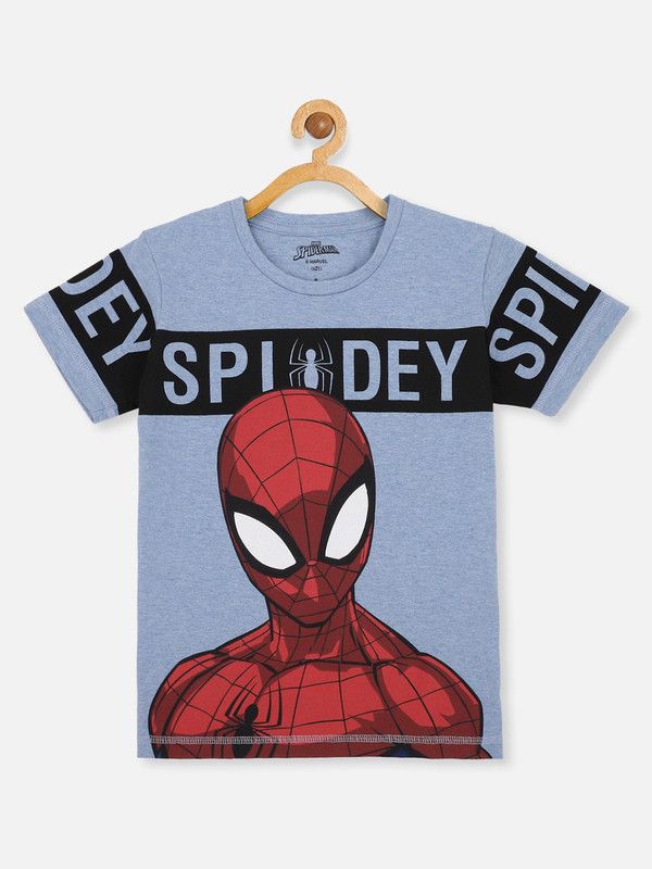 SPIDERMAN Boys Graphic Print Polycotton T Shirt  (Blue, Pack of 1)