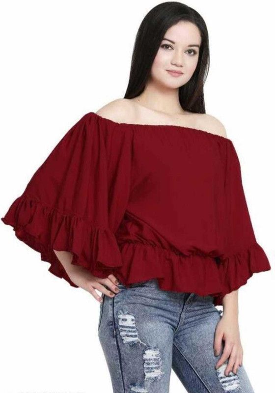 Party Flared Sleeves Solid Women Maroon Top
