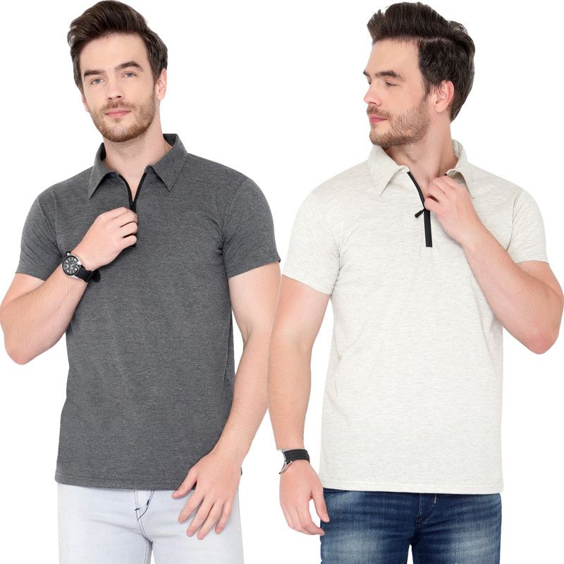 Pack of 2 Men Solid Polo Neck Cotton Blend Grey T-Shirt