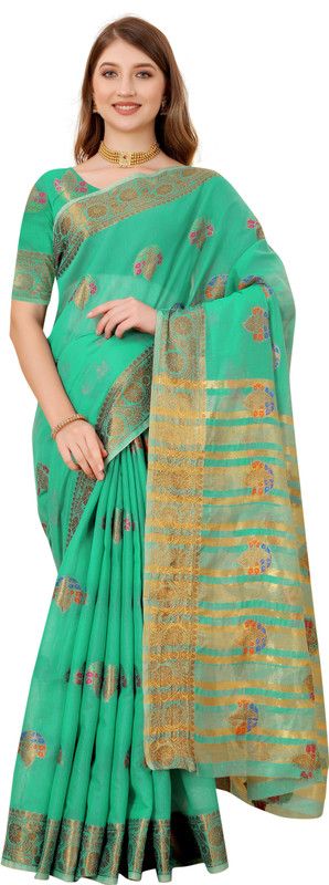 Self Design, Woven Kanjivaram Jacquard, Cotton Silk Saree  (Dark Green, Gold)
