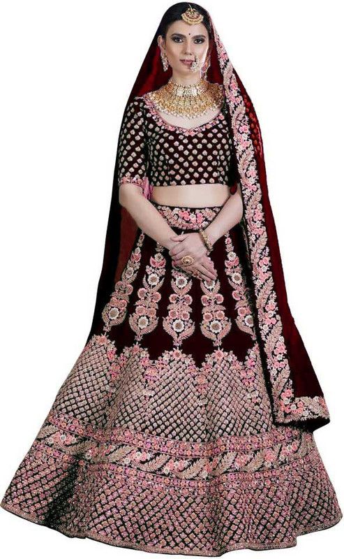 Applique Semi Stitched Lehenga Choli  (Brown)