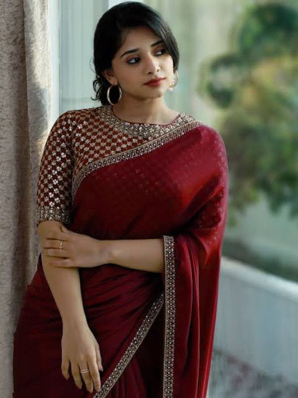 Embroidered Bollywood Satin Saree  (Maroon)