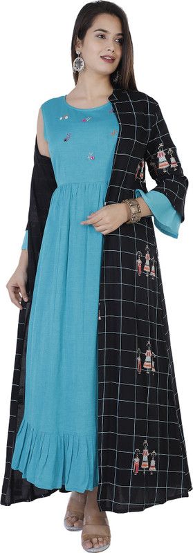 Women Embroidered Pure Cotton Flared Kurta  (Green, Black)
