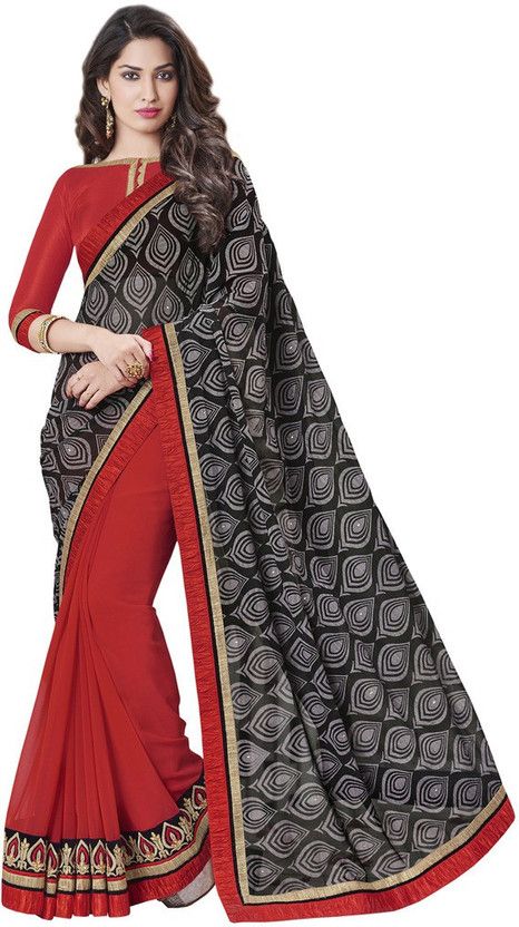 Embroidered Bollywood Georgette Saree  (Red, Black)