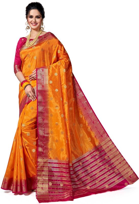 Self Design Kanjivaram Silk Blend Saree  (Pink, Orange)