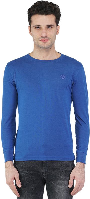 Men Solid Round Neck Poly Cotton Blue T-Shirt