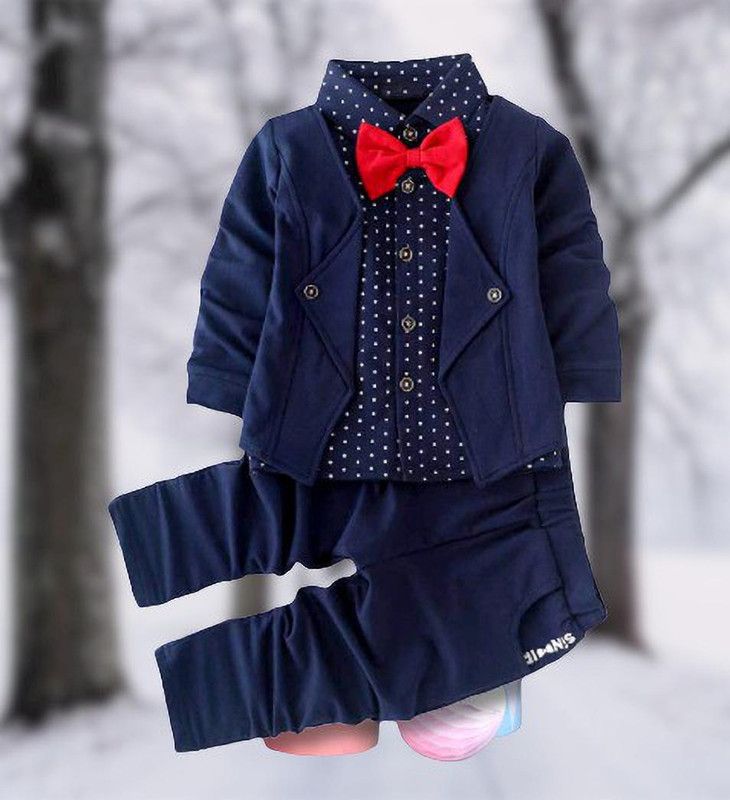 Baby Boys & Baby Girls Casual Blazer Pant, Bow Tie, Shirt  (Blue)
