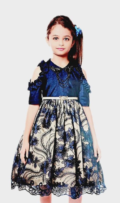 Girls Below Knee Festive/Wedding Dress  (Blue, Half Sleeve)