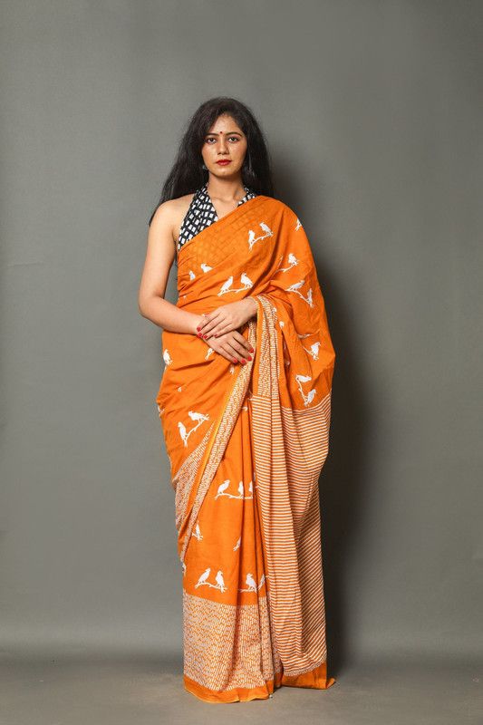 Blocked Printed, Color Block, Dyed, Self Design, Printed, Floral Print Daily Wear Pure Cotton Saree  (Orange)