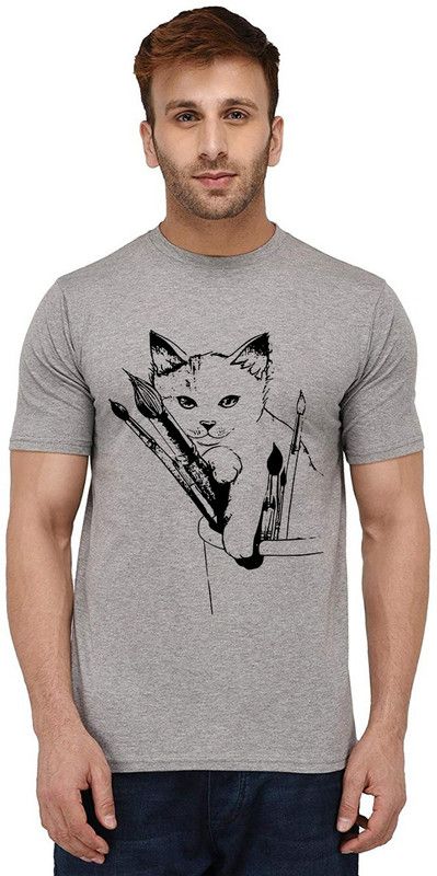 Artist Cat Men Graphic Print Round Neck Pure Cotton Grey T-Shirt