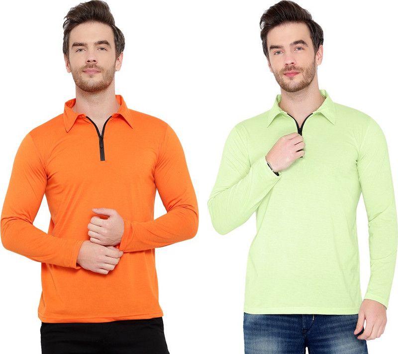 Pack of 2 Men Solid Polo Neck Cotton Blend Green, Orange T-Shirt