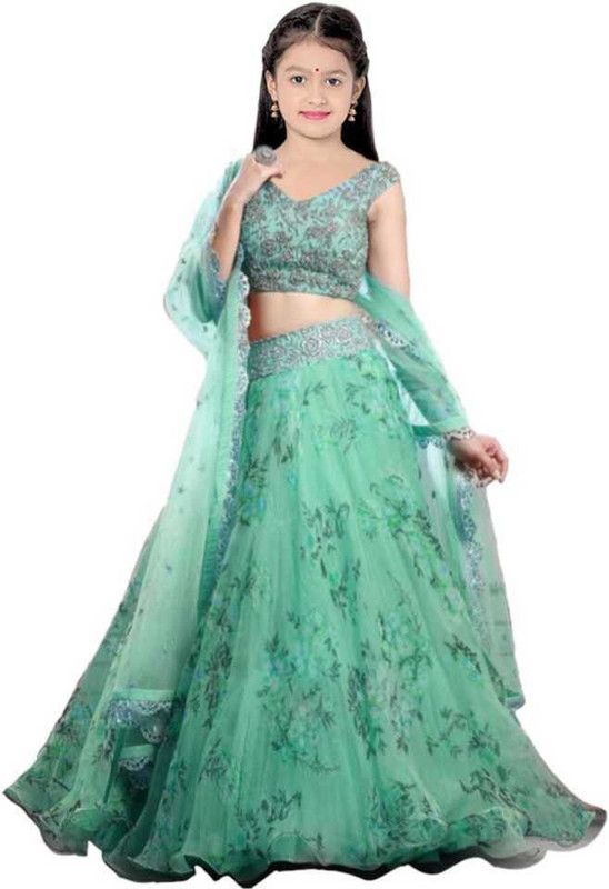 Girls Lehenga Choli Fusion Wear Floral Print Lehenga, Choli and Dupatta Set  (Green, Pack of 1)