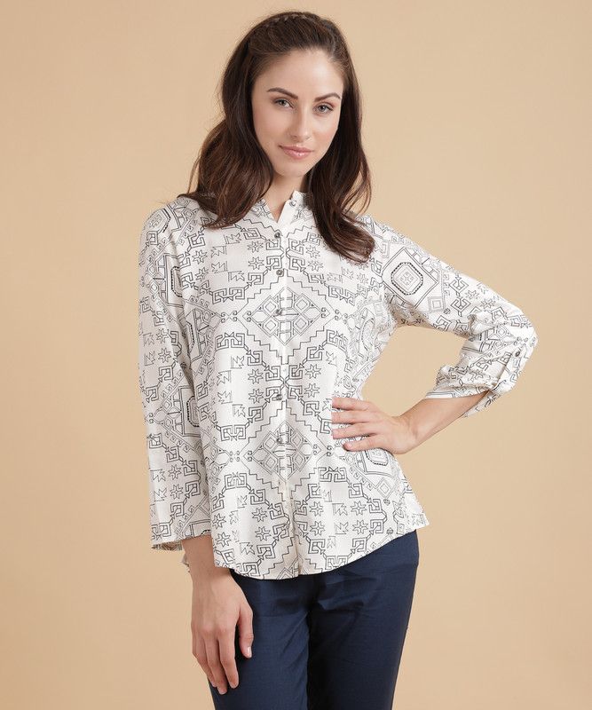 Casual Roll Up Sleeves Printed Women White, Black Top