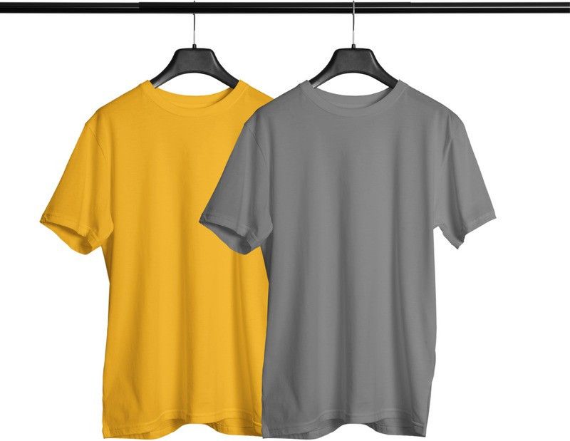 Pack of 2 Men Solid Round Neck Pure Cotton Grey, Yellow T-Shirt