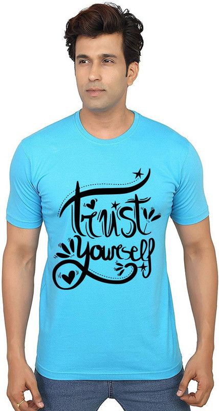 Trust Yourself Men Graphic Print Round Neck Pure Cotton Light Blue T-Shirt