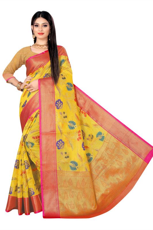 Woven Kanjivaram Organza Saree  (Yellow)