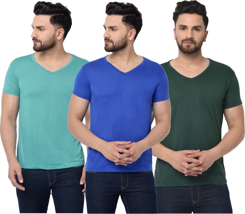 Pack of 3 V neck Combo T-shirts Multicolor Men Solid V Neck Cotton Blend Dark Blue, Dark Green, Green T-Shirt
