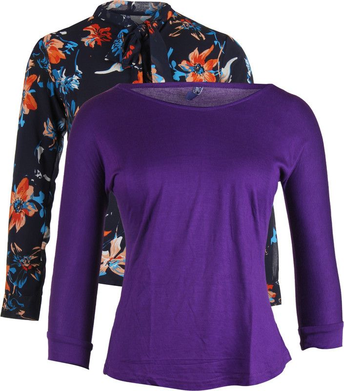Pack of 2 Casual Regular Sleeves Solid Women Multicolor, Blue Top