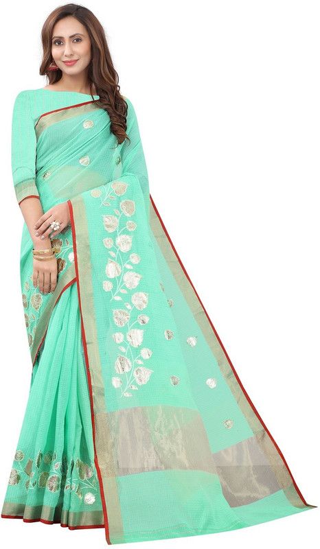 Embroidered Daily Wear Cotton Blend Saree  (Green)