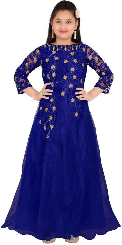 Maxi/Full Length Party Dress  (Blue, 3/4 Sleeve)