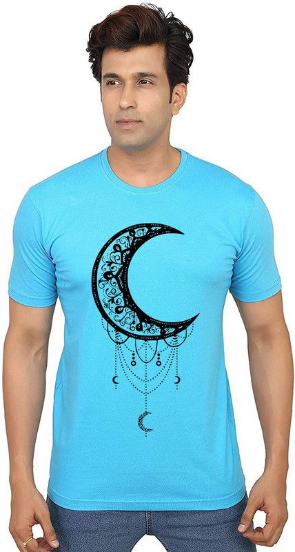 Moon Dream Men Printed Round Neck Pure Cotton Light Blue T-Shirt