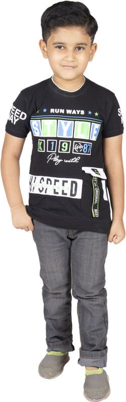 Boys Typography Wool Blend T Shirt  (Black, Pack of 1)