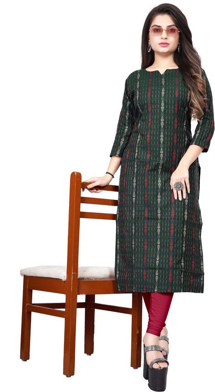Women Woven Design Pure Cotton Straight Kurta  (Green)
