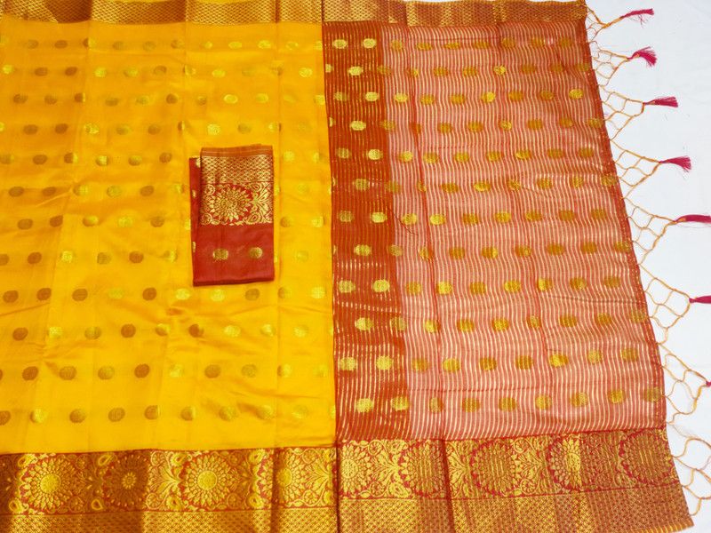 Woven Banarasi Cotton Blend Saree  (Yellow)
