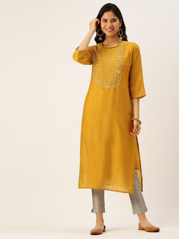Women Embellished Polyester Straight Kurta  (Yellow)