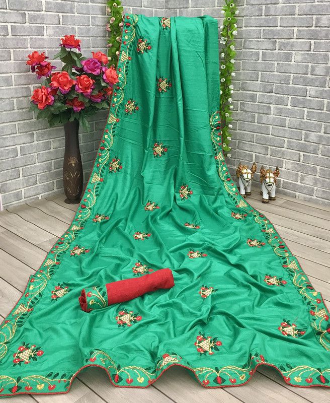 Embroidered Fashion Silk Blend Saree  (Green, Red)