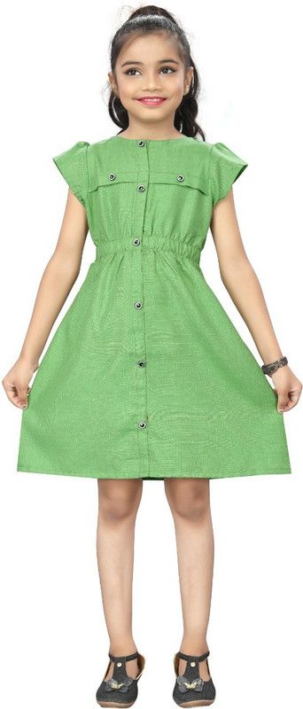 Girls Above Knee Casual Dress  (Green, Cap Sleeve)