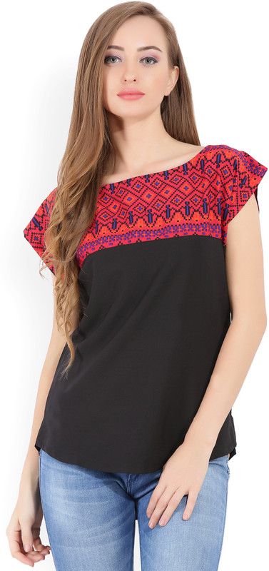 Casual Cap Sleeves Printed, Solid Women Multicolor, Black Top