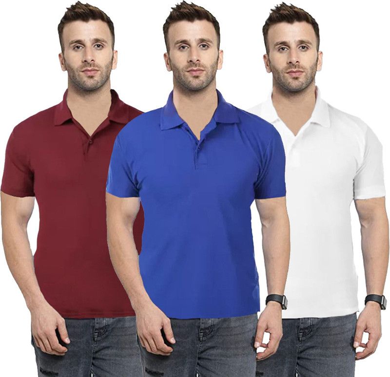 Pack of 3 Men Solid Polo Neck Cotton Blend White, Maroon, Blue T-Shirt