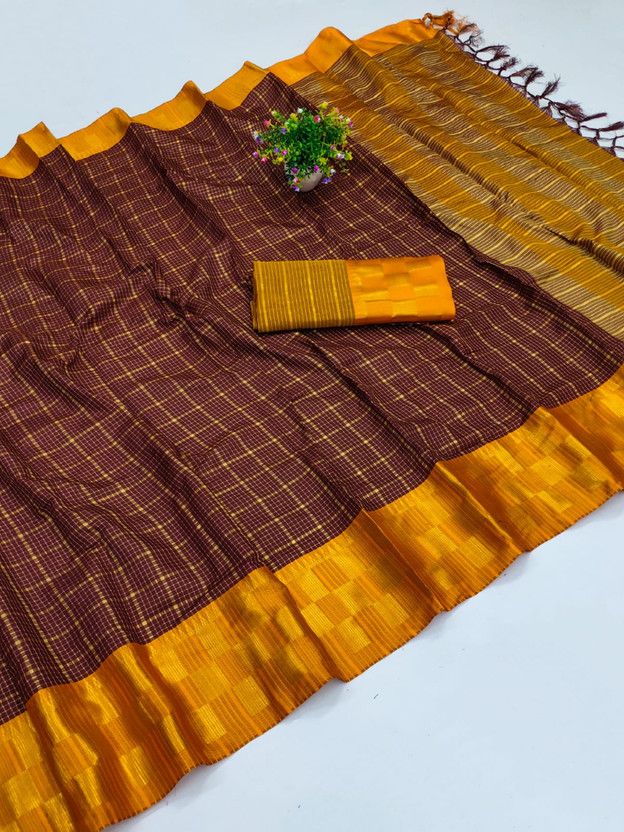 Embellished, Dyed, Checkered Dharmavaram Pure Silk, Cotton Silk Saree  (Brown)